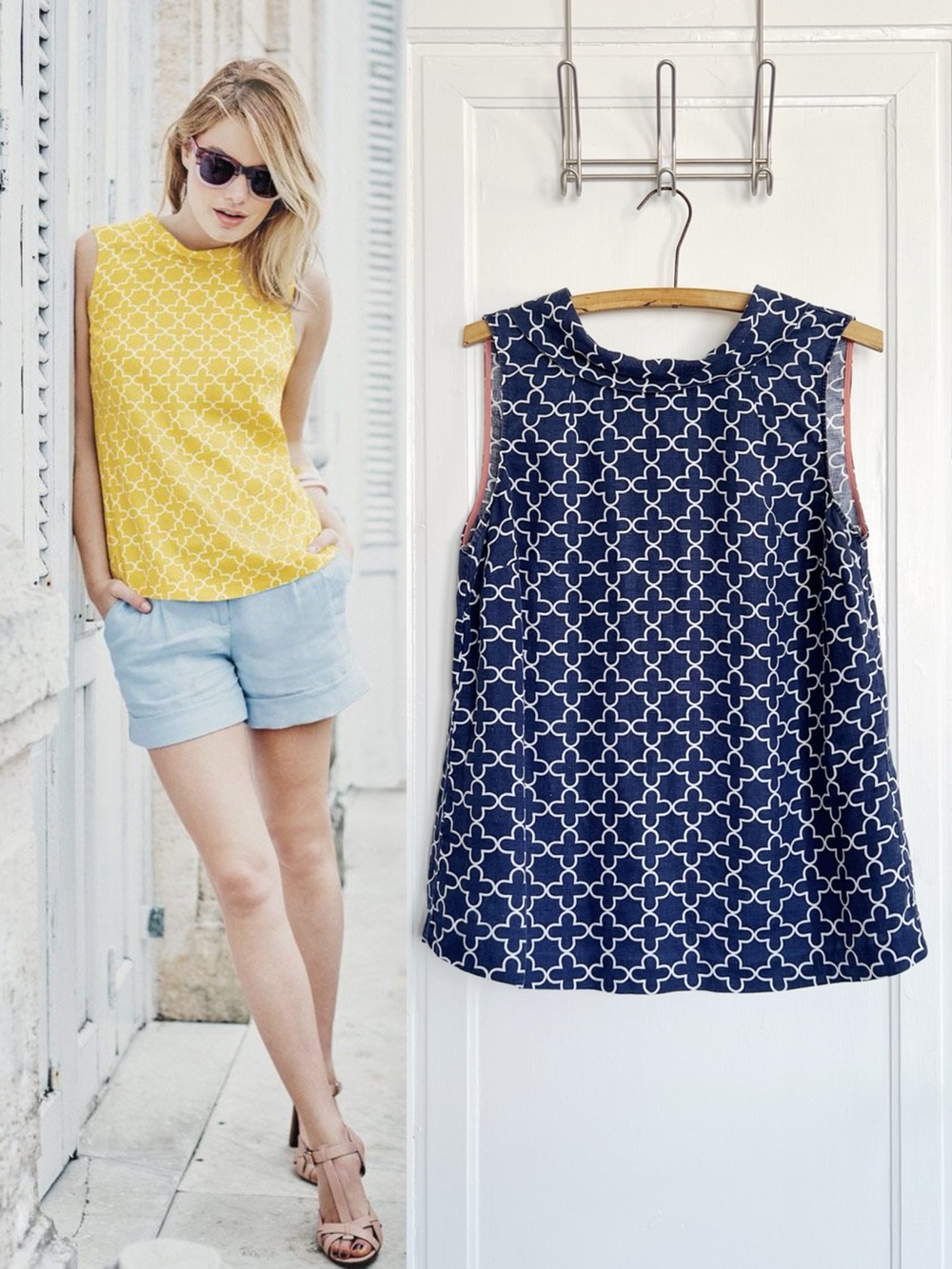 Boden • Lena Linen Top navy blue linen button back geometric pattern sleeveless